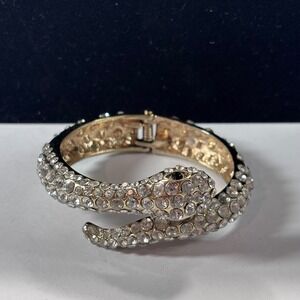 Rhinestone Snake Hinged Bangle Bracelet Gold Tone Crystal Wrap Look Small 6"